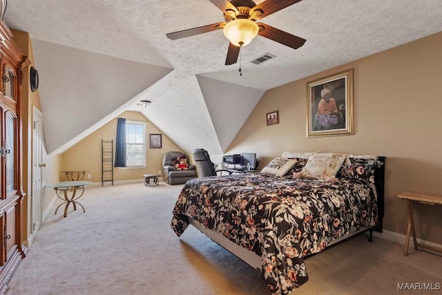 831 Bluegrass Dr, Prattville, AL 36066 - bedroom with carpet, a textured ceiling, ceiling fan, and lofted ceiling