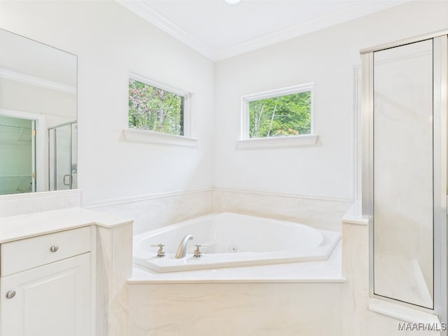 175 Rosemere Dr, Tallassee, AL 36078 - bathroom featuring a shower stall, crown molding, a jetted tub, and vanity