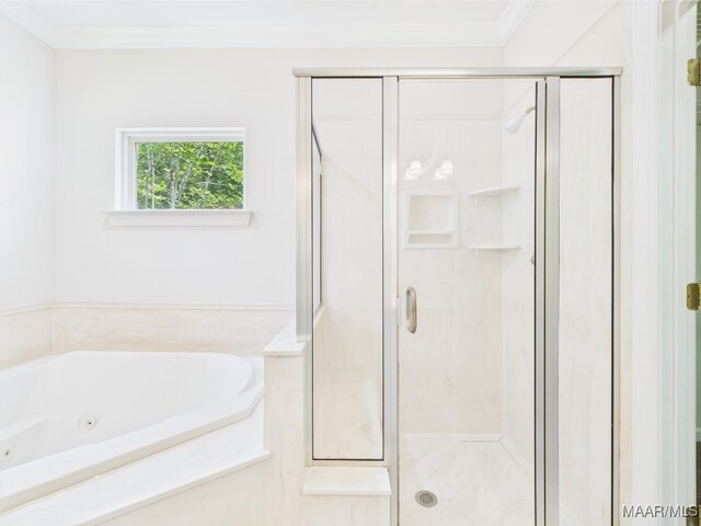 175 Rosemere Dr, Tallassee, AL 36078 - bathroom with a shower stall, a whirlpool tub, and ornamental molding