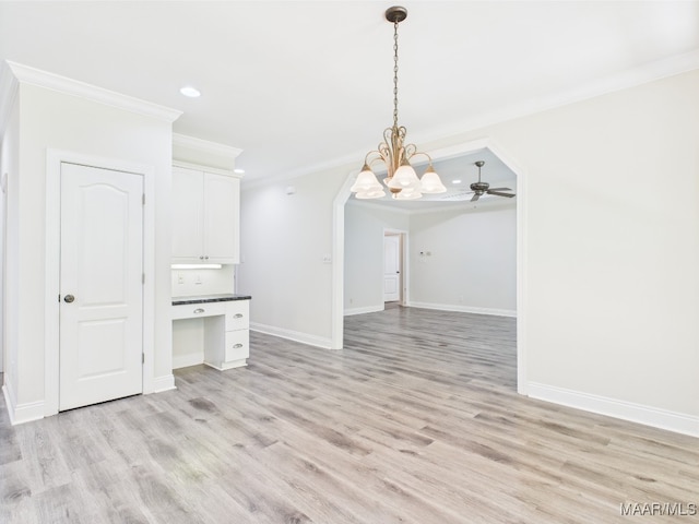 175 Rosemere Dr, Tallassee, AL 36078 - unfurnished dining area with ornamental molding, light wood-style floors, a chandelier, baseboards, and an office area