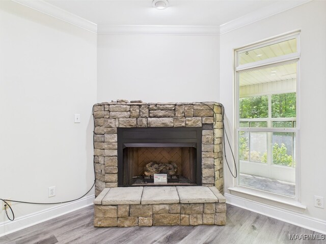 175 Rosemere Dr, Tallassee, AL 36078 - detailed view of wood finished floors, baseboards, crown molding, and a fireplace