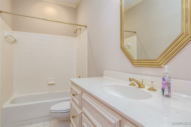 8180 Longneedle Pl, Montgomery, AL 36117 - bathroom with toilet, vanity, shower / bathtub combination, crown molding, and tile patterned flooring