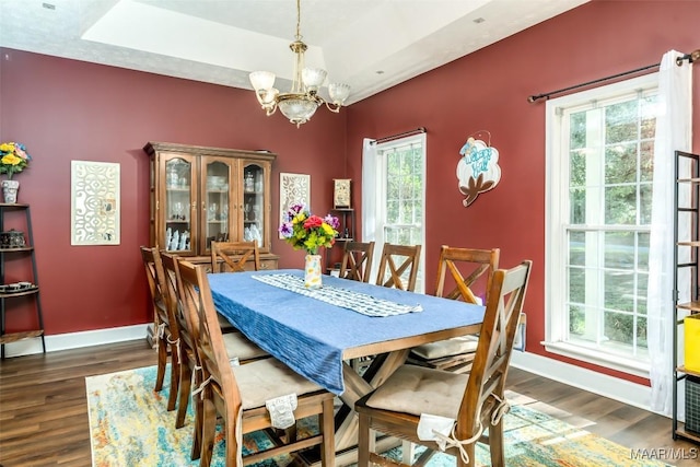 dining room with wood finished floors, a chandelier, baseboards, and healthy amount of natural light