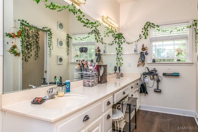 full bath featuring double vanity, baseboards, and wood finished floors