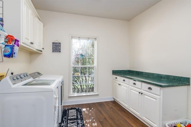 laundry room featuring cabinet space, washer and clothes dryer, dark wood-type flooring, and baseboards