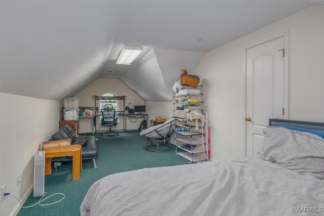 bedroom featuring carpet and vaulted ceiling