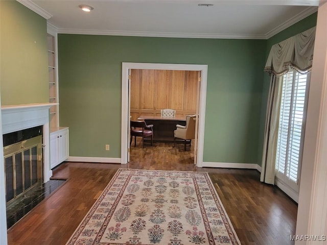 1550 Meriwether Rd, Montgomery, AL 36117 - living room featuring a fireplace with flush hearth, ornamental molding, dark wood finished floors, healthy amount of natural light, and recessed lighting