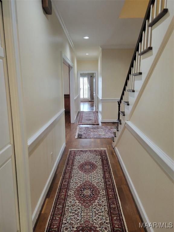 1550 Meriwether Rd, Montgomery, AL 36117 - hall featuring wood finished floors, crown molding, and stairway