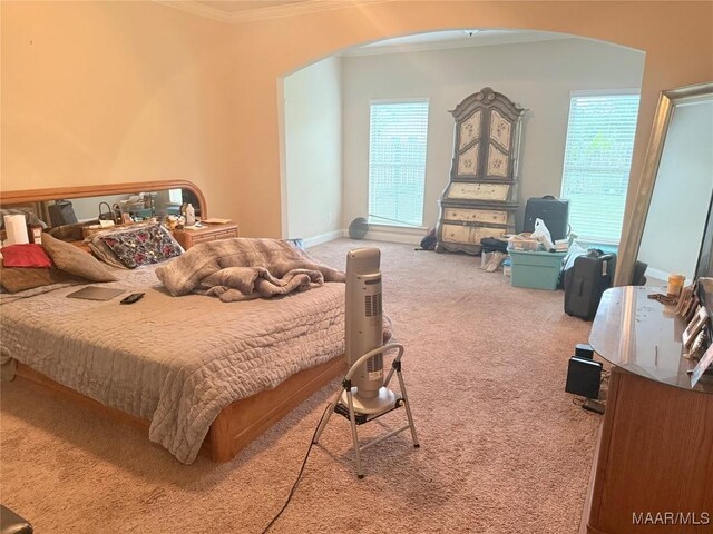 carpeted bedroom with arched walkways, crown molding, and multiple windows