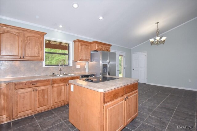 6790 Upper River Rd, Tallassee, AL 36078 - kitchen featuring stainless steel fridge with ice dispenser, black electric stovetop, a sink, vaulted ceiling, and backsplash