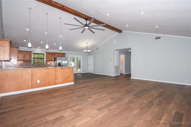 6790 Upper River Rd, Tallassee, AL 36078 - unfurnished living room featuring beamed ceiling, ceiling fan, dark wood finished floors, baseboards, and a chandelier