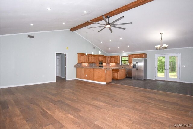6790 Upper River Rd, Tallassee, AL 36078 - unfurnished living room featuring a ceiling fan, beam ceiling, french doors, baseboards, and a chandelier
