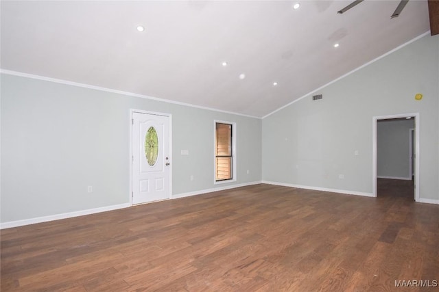 6790 Upper River Rd, Tallassee, AL 36078 - unfurnished living room featuring crown molding, wood finished floors, baseboards, recessed lighting, and high vaulted ceiling