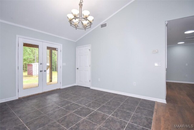6790 Upper River Rd, Tallassee, AL 36078 - unfurnished room with french doors, a chandelier, ornamental molding, baseboards, and high vaulted ceiling