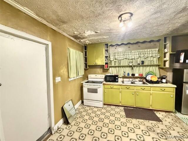 2121 Lauderdale St, Selma, AL 36701 - kitchen featuring electric range, open shelves, black microwave, a sink, and baseboards