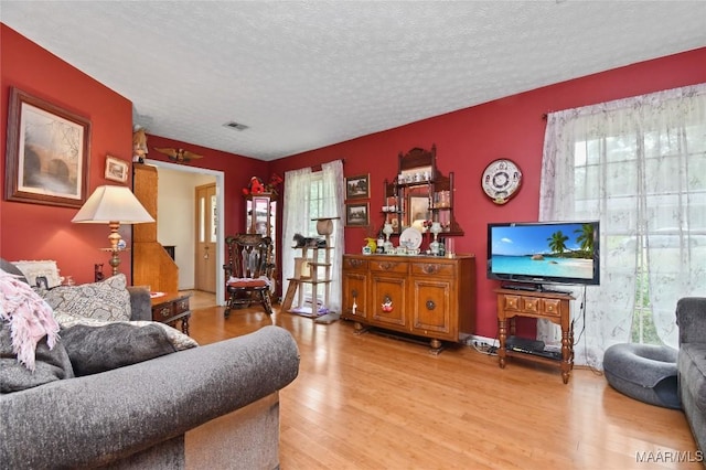 living room with wood finished floors and a textured ceiling