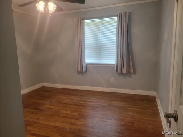 unfurnished room with ceiling fan, wood finished floors, ornamental molding, and plenty of natural light