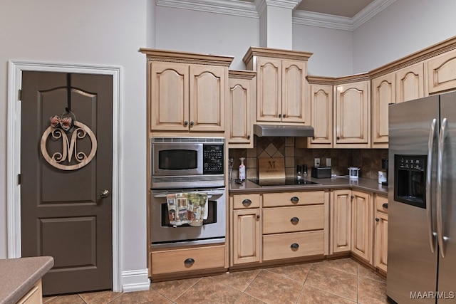 65 Copper Ridge Ct, Deatsville, AL 36022 - kitchen featuring stainless steel appliances, light brown cabinets, decorative backsplash, and crown molding