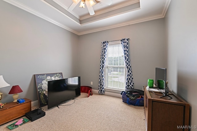 65 Copper Ridge Ct, Deatsville, AL 36022 - sitting room with a tray ceiling, carpet floors, ornamental molding, and ceiling fan