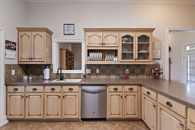 65 Copper Ridge Ct, Deatsville, AL 36022 - kitchen featuring dishwasher, light brown cabinetry, decorative backsplash, dark countertops, and crown molding
