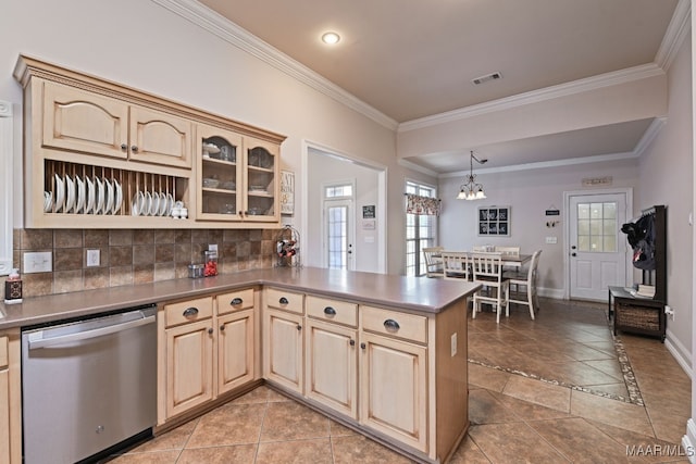 65 Copper Ridge Ct, Deatsville, AL 36022 - kitchen with dishwasher, light brown cabinetry, crown molding, a chandelier, and backsplash