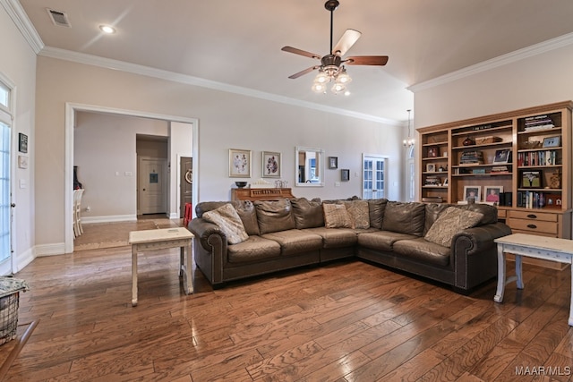65 Copper Ridge Ct, Deatsville, AL 36022 - living room featuring crown molding, ceiling fan, wood-type flooring, and recessed lighting