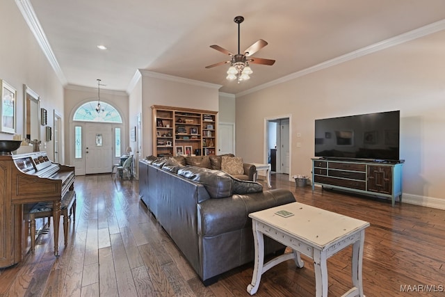65 Copper Ridge Ct, Deatsville, AL 36022 - living area with dark wood-type flooring, crown molding, and a ceiling fan