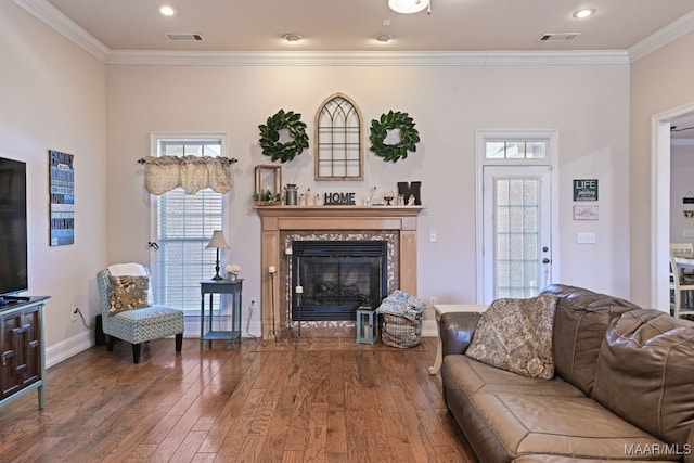 65 Copper Ridge Ct, Deatsville, AL 36022 - living room with hardwood / wood-style floors, ornamental molding, a fireplace, and recessed lighting