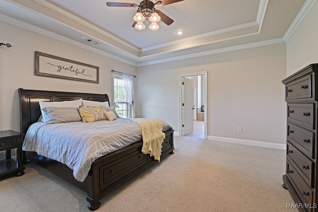 65 Copper Ridge Ct, Deatsville, AL 36022 - bedroom with a raised ceiling, light carpet, crown molding, and a ceiling fan