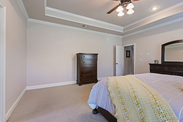 65 Copper Ridge Ct, Deatsville, AL 36022 - bedroom featuring a raised ceiling, light carpet, crown molding, and ceiling fan