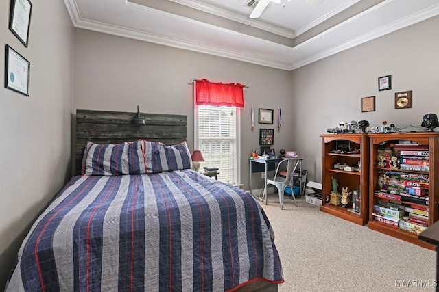 65 Copper Ridge Ct, Deatsville, AL 36022 - bedroom featuring crown molding, carpet flooring, a tray ceiling, and ceiling fan