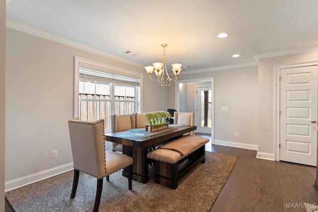 dining room with a chandelier, crown molding, baseboards, dark wood finished floors, and recessed lighting