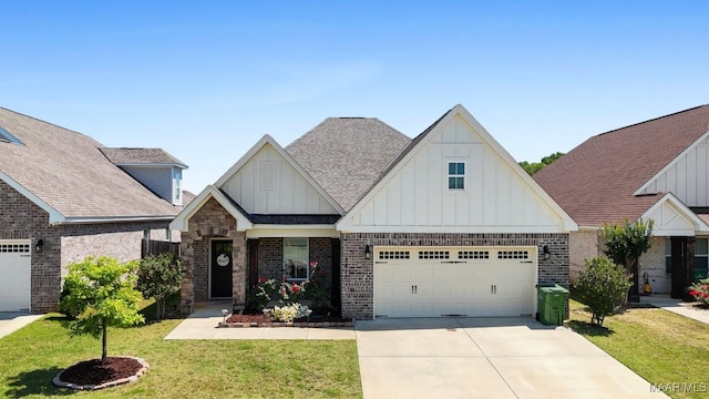 view of front facade with board and batten siding, concrete driveway, a front lawn, brick siding, and a garage