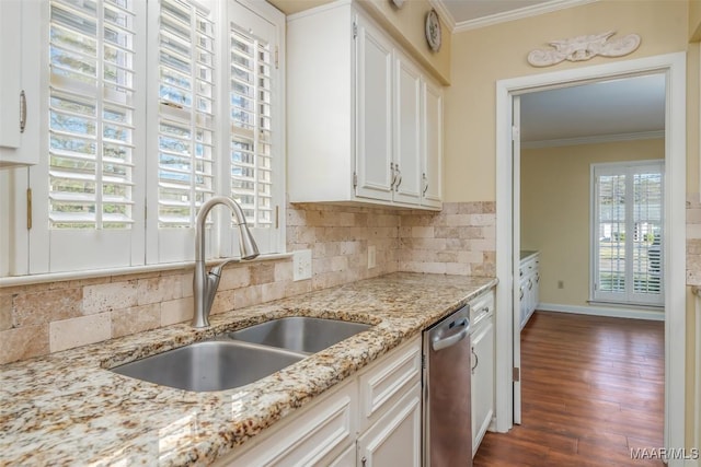 3469 Warrenton Rd, Montgomery, AL 36111 - kitchen featuring dishwasher, a sink, crown molding, backsplash, and dark wood-type flooring