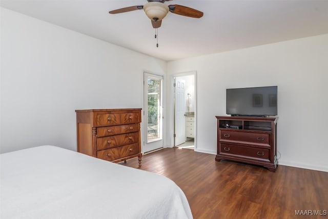 3469 Warrenton Rd, Montgomery, AL 36111 - bedroom featuring dark wood-type flooring, a ceiling fan, baseboards, and access to exterior