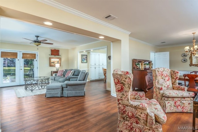 3469 Warrenton Rd, Montgomery, AL 36111 - living room featuring ceiling fan, ornamental molding, dark wood-style flooring, french doors, and a chandelier