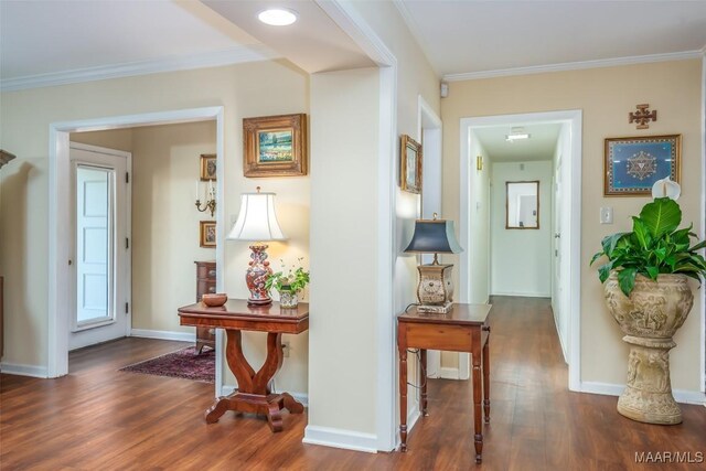 3469 Warrenton Rd, Montgomery, AL 36111 - corridor featuring wood finished floors, crown molding, and baseboards