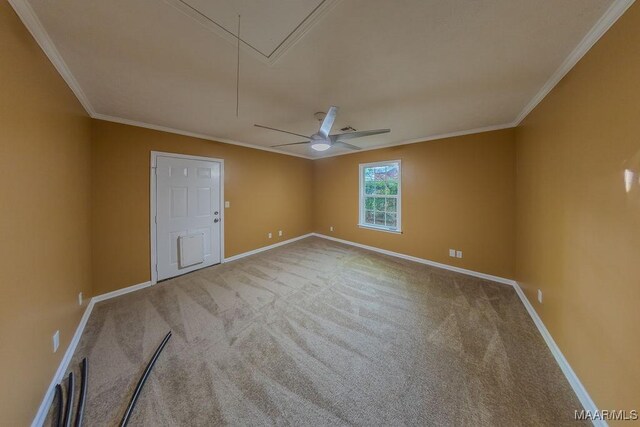 362 Bellehurst Dr, Montgomery, AL 36109 - carpeted empty room with attic access, crown molding, and a ceiling fan