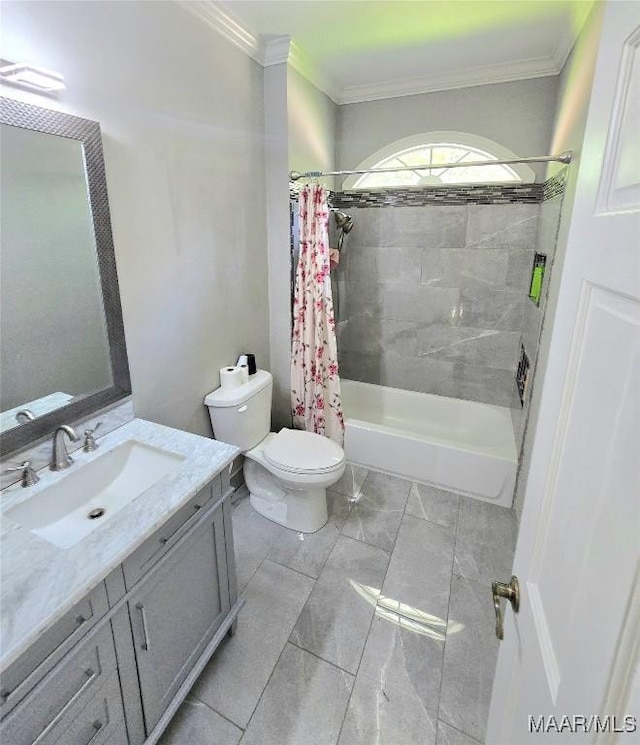 49 Berkeley Rd, Selma, AL 36701 - full bathroom with ornamental molding, toilet, shower / bathtub combination with curtain, vanity, and marble finish floors