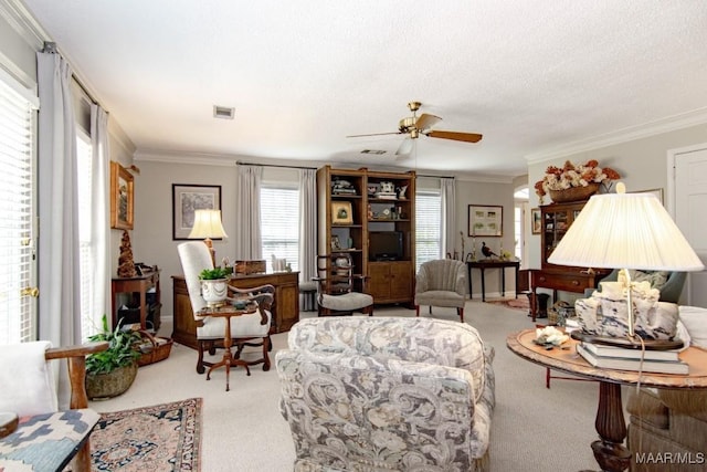 carpeted living area featuring ornamental molding, ceiling fan, and a textured ceiling