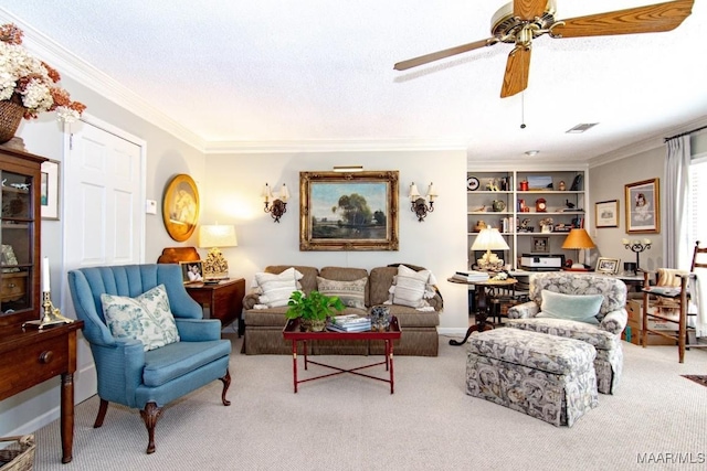 carpeted living room featuring ornamental molding, ceiling fan, and a textured ceiling