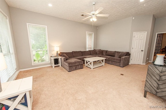 331 Bush Dr, Hope Hull, AL 36043 - living room with carpet, ceiling fan, baseboards, a textured ceiling, and recessed lighting