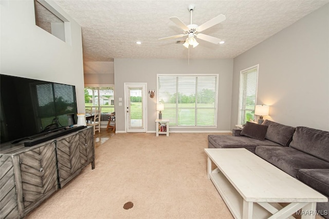 331 Bush Dr, Hope Hull, AL 36043 - living room featuring a textured ceiling, a ceiling fan, light carpet, recessed lighting, and baseboards