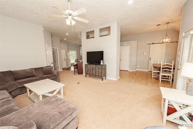331 Bush Dr, Hope Hull, AL 36043 - living area featuring ceiling fan, light colored carpet, a textured ceiling, baseboards, and recessed lighting