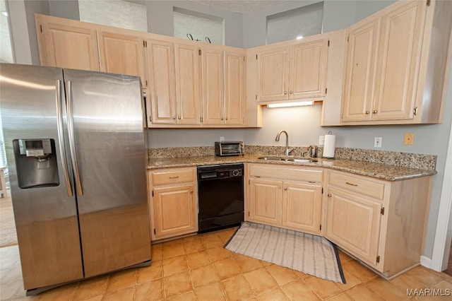 331 Bush Dr, Hope Hull, AL 36043 - kitchen featuring stainless steel refrigerator with ice dispenser, dishwasher, a sink, light brown cabinets, and light stone counters