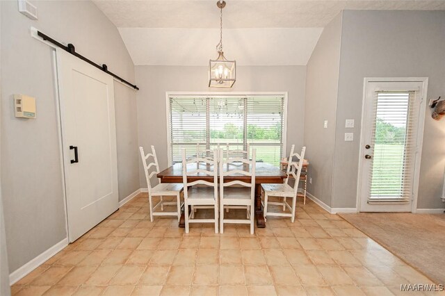 331 Bush Dr, Hope Hull, AL 36043 - dining area with a barn door, plenty of natural light, lofted ceiling, baseboards, and a chandelier