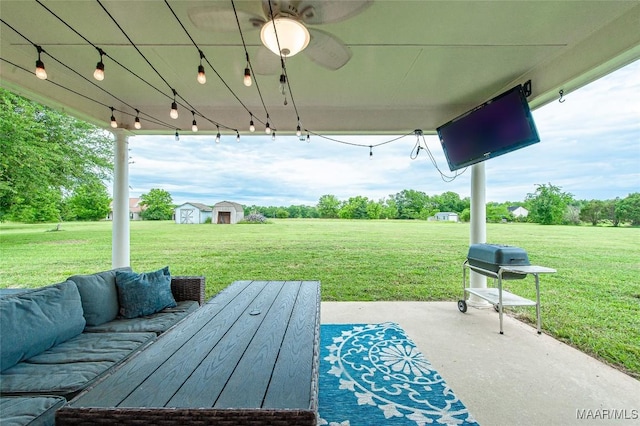 331 Bush Dr, Hope Hull, AL 36043 - view of patio / terrace with a storage shed, an outdoor structure, and ceiling fan