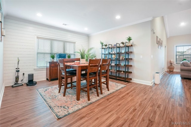 1412 Wildlife Way, Prattville, AL 36066 - dining space with baseboards, light wood-type flooring, recessed lighting, and crown molding