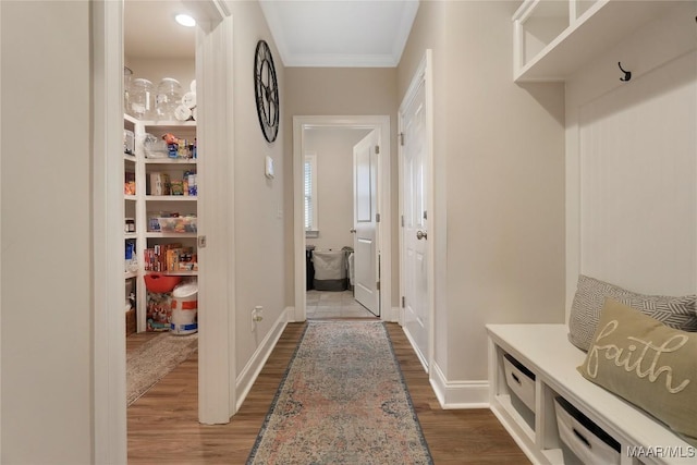 1412 Wildlife Way, Prattville, AL 36066 - mudroom featuring dark wood-style floors, baseboards, and crown molding