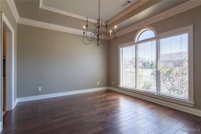 5906 Amberwood Ln, Montgomery, AL 36116 - unfurnished room with a raised ceiling, a chandelier, dark wood-type flooring, and crown molding
